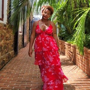 Long tiered pink floral maxi dress